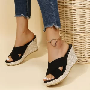 Fashionable Fish Mouth Hollow Breathable Wedge New Women's Shoes Comfortable Casual Increased Elegant Slippers Zapatos Mujer